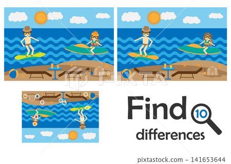 Find 10 differences, game for children, summer beach with people cartoon style, education game for kids, preschool worksheet activity, task for the development of logical thinking, vector illustration Find 10 differences, game for children, summer beach with people cartoon style, education game for kids, preschool worksheet activity, task for the development of logical thinking, vector illustration 141653644