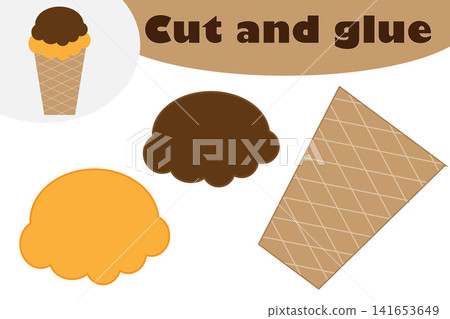 Ice cream in cartoon style, education game for the development of preschool children, use scissors and glue to create the applique, cut parts of the image and glue on the paper, vector illustration Ice cream in cartoon style, education game for the development of preschool children, use scissors and glue to create the applique, cut parts of the image and glue on the paper, vector illustration 141653649