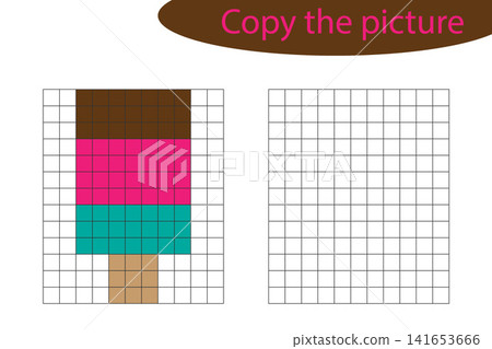 Copy the picture, pixel art, ice cream cartoon, drawing skills training, educational paper game for the development of children, kids preschool activity, printable worksheet, vector illustration Copy the picture, pixel art, ice cream cartoon, drawing skills training, educational paper game for the development of children, kids preschool activity, printable worksheet, vector illustration 141653666