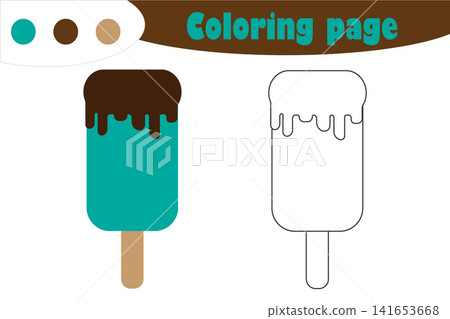 Ice cream in cartoon style, coloring page, spring education paper game for the development of children, kids preschool activity, printable worksheet, vector illustration 141653668