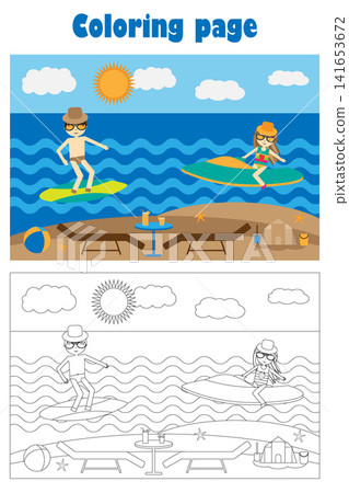 Summer beach with people in cartoon style, summer coloring page, education paper game for the development of children, kids preschool activity, printable worksheet, vector illustration Summer beach with people in cartoon style, summer coloring page, education paper game for the development of children, kids preschool activity, printable worksheet, vector illustration 141653672