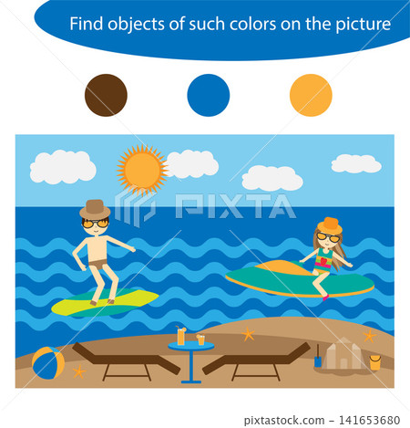 Find objects of same colors, summer game for children in cartoon style, education game for kids, preschool worksheet activity, task for the development of logical thinking, vector illustration Find objects of same colors, summer game for children in cartoon style, education game for kids, preschool worksheet activity, task for the development of logical thinking, vector illustration 141653680