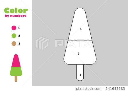 Ice cream in cartoon style, color by number, education paper game for the development of children, coloring page, kids preschool activity, printable worksheet, vector illustration Ice cream in cartoon style, color by number, education paper game for the development of children, coloring page, kids preschool activity, printable worksheet, vector illustration 141653683