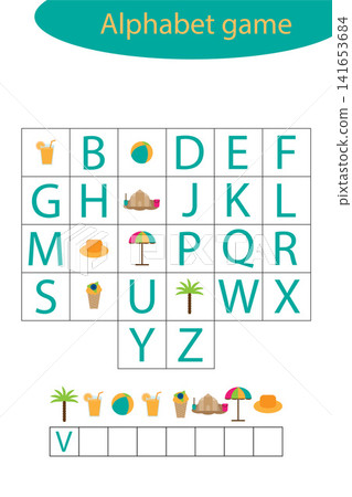Summer alphabet game for children, make a word, preschool worksheet activity for kids, educational spelling scramble game for the development of children, vector illustration 141653684
