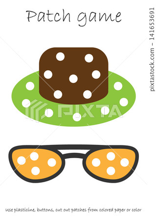 Education Patch game panama and sunglasses for children to develop motor skills, use plasticine patches, buttons, colored paper or color the page, kids preschool activity, printable worksheet, vector Education Patch game panama and sunglasses for children to develop motor skills, use plasticine patches, buttons, colored paper or color the page, kids preschool activity, printable worksheet, vector 141653691