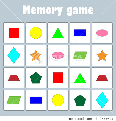 Memory game with pictures geometric shapes for children, fun education game for kids, preschool activity, task for the development of logical thinking, vector illustration Memory game with pictures geometric shapes for children, fun education game for kids, preschool activity, task for the development of logical thinking, vector illustration 141653694