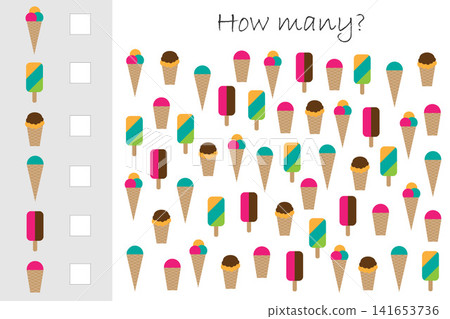 How many counting game with ice cream for kids, educational maths task for the development of logical thinking, preschool worksheet activity, count and write the result, vector illustration How many counting game with ice cream for kids, educational maths task for the development of logical thinking, preschool worksheet activity, count and write the result, vector illustration 141653736