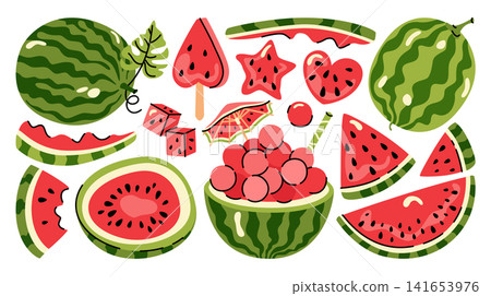 Cartoon illustrations of watermelons. Different positions of melon berries, fruit in section, slices, bitten pieces, seeds. Watermelon dishes, cocktail, ice cream, frozen juice, ice. Agricultural crop Cartoon illustrations of watermelons. Different positions of melon berries, fruit in section, slices, bitten pieces, seeds. Watermelon dishes, cocktail, ice cream, frozen juice, ice. Agricultural crop 141653976