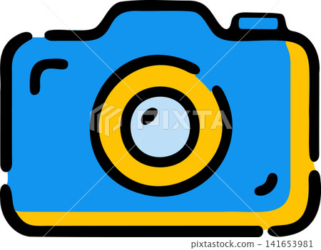 A bright cartoon image of a camera on a transparent background, made in vector style. A bright cartoon image of a camera on a transparent background, made in vector style. 141653981