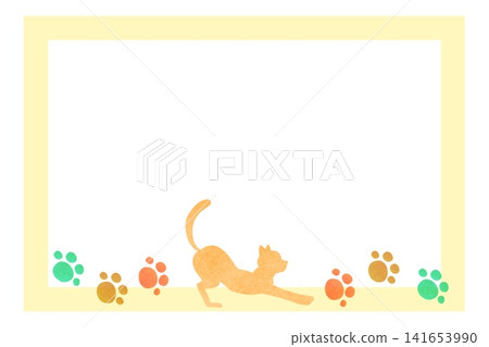 Frame material featuring a stretching cat and paw prints Frame material featuring a stretching cat and paw prints 141653990