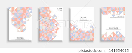 Collection of pastel posters with abstract mosaic geometric print. Minimalistic scandinavian vector brochures, banners and business corporate covers set with delicate triangle pattern shapes Collection of pastel posters with abstract mosaic geometric print. Minimalistic scandinavian vector brochures, banners and business corporate covers set with delicate triangle pattern shapes 141654015