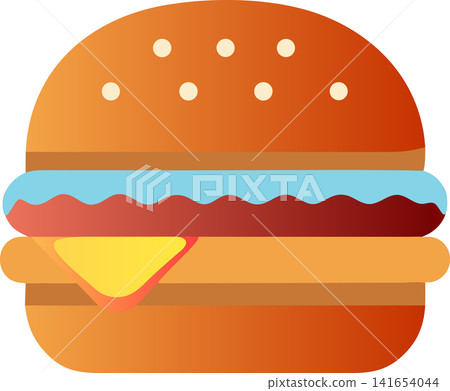 Digital illustration of a classic burger with a sesame seed bun, patty, lettuce, tomato and cheese on a transparent background. Digital illustration of a classic burger with a sesame seed bun, patty, lettuce, tomato and cheese on a transparent background. 141654044