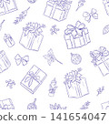 Seamless Christmas pattern with hand drawn gift boxes, bows, ornaments, candles, holly and evergreen branches 141654047
