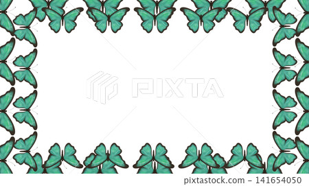 Decorative butterfly frame featuring layered turquoise butterflies forming an elegant border with generous copy space Decorative butterfly frame featuring layered turquoise butterflies forming an elegant border with generous copy space 141654050