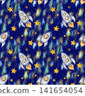Beautiful dark blue seamless pattern with space rockets, spaceships, stars and nebula, night sky space background 141654054