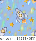 Beautiful blue seamless pattern with space rockets, spaceships, stars and nebula, night sky space background 141654055