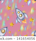Beautiful pink seamless pattern with space rockets, spaceships, stars and nebula, night sky space background 141654056