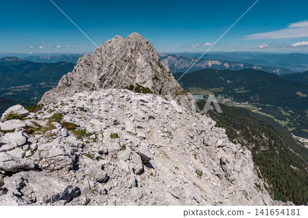 View from the middle Ponza mountain in Triglav National Park, Slovenia, towards the high Ponza peak with white rocky alpine valley routes, steep Julian Alps ridges and dramatic high mountain landscape View from the middle Ponza mountain in Triglav National Park, Slovenia, towards the high Ponza peak with white rocky alpine valley routes, steep Julian Alps ridges and dramatic high mountain landscape 141654181