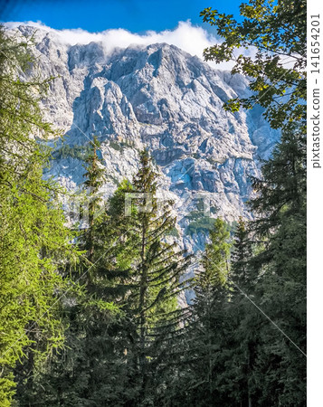 Stunning view on the Vrsic Pass in Triglav National Park, Slovenia, looking towards the rocky Julian Alps mountains with winding alpine road, green slopes and dramatic sky 141654201