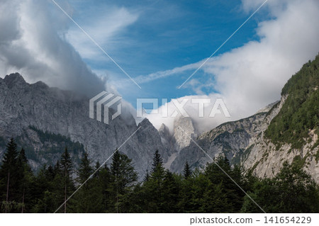 View from Tamar House in Slovenia, alpine mountain lodge with wooden terrace, green meadow, pine forest and dramatic Julian Alps peaks under cloudy sky View from Tamar House in Slovenia, alpine mountain lodge with wooden terrace, green meadow, pine forest and dramatic Julian Alps peaks under cloudy sky 141654229