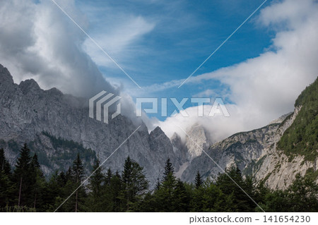 View from Tamar House in Slovenia, alpine mountain lodge with wooden terrace, green meadow, pine forest and dramatic Julian Alps peaks under cloudy sky View from Tamar House in Slovenia, alpine mountain lodge with wooden terrace, green meadow, pine forest and dramatic Julian Alps peaks under cloudy sky 141654230