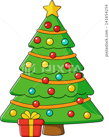 Vector Christmas tree. Evergreen tree with baubles, stars, and garlands. Christmas trees. Vector Christmas tree. Evergreen tree with baubles, stars, and garlands. Christmas trees. 141654254