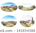 Rural landscape oval wine label set. Watercolor wine bottle with glass, grape fields and vineyards. 141654388