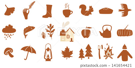 Collection of minimalist autumn icons featuring cozy seasonal and nature elements including leaves, acorn, mushrooms, pumpkin, cup, teapot, cabin, rain boots, squirrel, bird, rain, umbrella, sweater, Collection of minimalist autumn icons featuring cozy seasonal and nature elements including leaves, acorn, mushrooms, pumpkin, cup, teapot, cabin, rain boots, squirrel, bird, rain, umbrella, sweater, 141654421