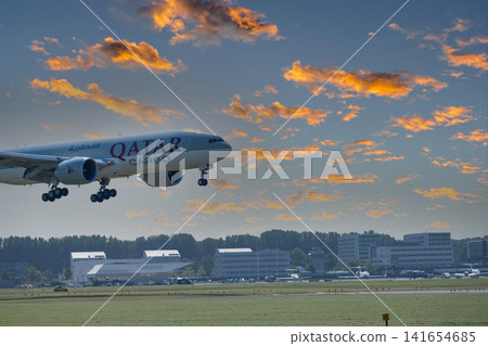 July 30, 2026. Netherlands, Amsterdam. Qatar Airways Aircraft Landing July 30, 2026. Netherlands, Amsterdam. Qatar Airways Aircraft Landing 141654685