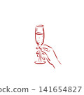 Elegant hand holding champagne glass line art drawing in minimalist red outline 141654827