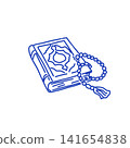 Blue line art of Quran book with prayer beads on a white background 141654838