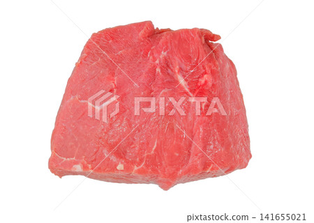 Beef tenderloin isolated on a white background. Piece of raw meat for further cooking. Beef cutlet. Top view. Beef tenderloin isolated on a white background. Piece of raw meat for further cooking. Beef cutlet. Top view. 141655021