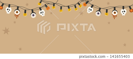 Hand-drawn Halloween banner template, scary party string lights garland with skull and bloody eyeball for special offer or event Hand-drawn Halloween banner template, scary party string lights garland with skull and bloody eyeball for special offer or event 141655403