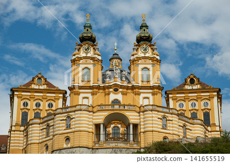 Scenic view of the majestic baroque Melk Abbey monastery in Austria Scenic view of the majestic baroque Melk Abbey monastery in Austria 141655519