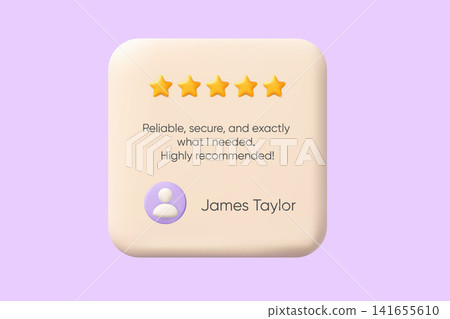 Purple 3d testimonial card template shows customer review feedback and star rating Purple 3d testimonial card template shows customer review feedback and star rating 141655610