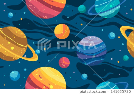 Seamless pattern with blue planets and stars in textured vector style background. Seamless pattern with blue planets and stars in textured vector style background. 141655720