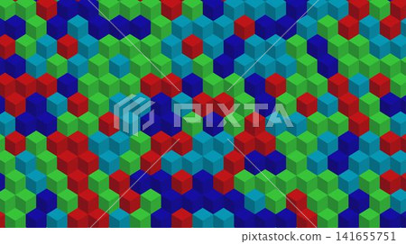 Abstract geometric background with a pattern of colorful isometric cubes in red blue green and cyan. Abstract geometric background with a pattern of colorful isometric cubes in red blue green and cyan. 141655751