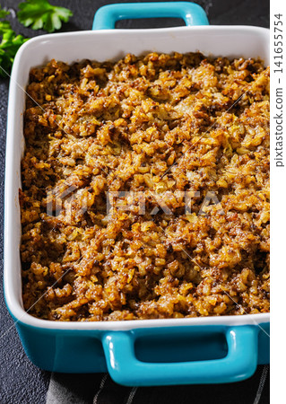 Classic American Midwest hamburger rice hot dish Classic American Midwest hamburger rice hot dish 141655754