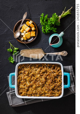 Homemade minced meat and rice casserole bake 141655755
