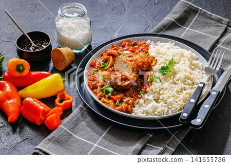American Ground Meat Patty In Pepper Tomato Sauce American Ground Meat Patty In Pepper Tomato Sauce 141655786