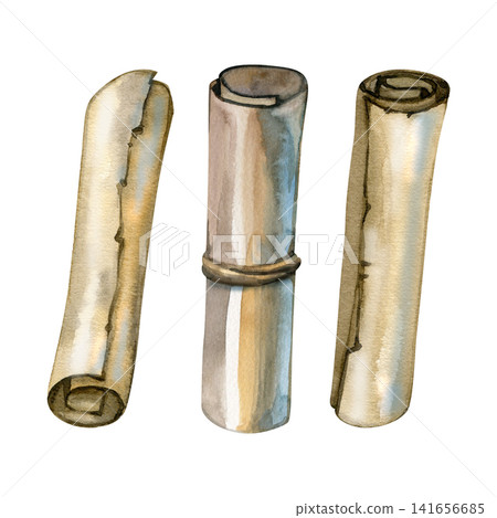 Watercolor illustration set of three vintage rolled paper scrolls and ancient manuscripts. Hand drawn pirate map scrolls for historical designs, educational projects, games, and retro invitations. Watercolor illustration set of three vintage rolled paper scrolls and ancient manuscripts. Hand drawn pirate map scrolls for historical designs, educational projects, games, and retro invitations. 141656685