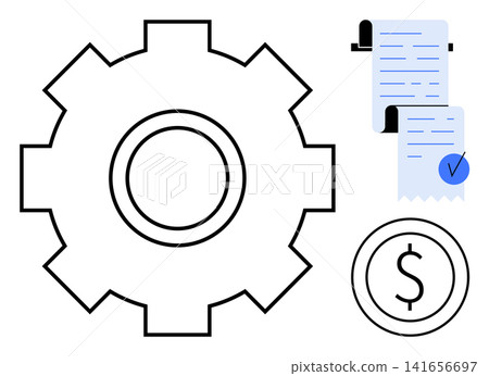 Payment processing, billing systems, accounting tools, automation, financial management, cost analysis. Gear icon, receipt with checkmark and dollar symbol. Payment processing and billing systems Payment processing, billing systems, accounting tools, automation, financial management, cost analysis. Gear icon, receipt with checkmark and dollar symbol. Payment processing and billing systems 141656697