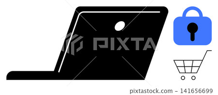 Data protection, online shopping, e-commerce, internet safety, secure transactions, cybersecurity. Black laptop silhouette, blue security lock and shopping cart. Cybersecurity and online shopping Data protection, online shopping, e-commerce, internet safety, secure transactions, cybersecurity. Black laptop silhouette, blue security lock and shopping cart. Cybersecurity and online shopping 141656699