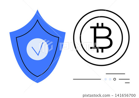 Digital security, cryptocurrency, blockchain, financial safety, online protection, technology. Blue shield with checkmark and Bitcoin symbol. Digital security and cryptocurrency concept Digital security, cryptocurrency, blockchain, financial safety, online protection, technology. Blue shield with checkmark and Bitcoin symbol. Digital security and cryptocurrency concept 141656700