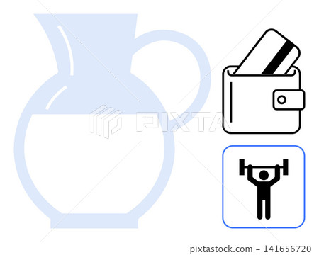 Financial planning, personal fitness, health management, lifestyle balance, monetary transactions, and savings. Outline of a pitcher, wallet with card and weightlifting figure. Financial planning Financial planning, personal fitness, health management, lifestyle balance, monetary transactions, and savings. Outline of a pitcher, wallet with card and weightlifting figure. Financial planning 141656720