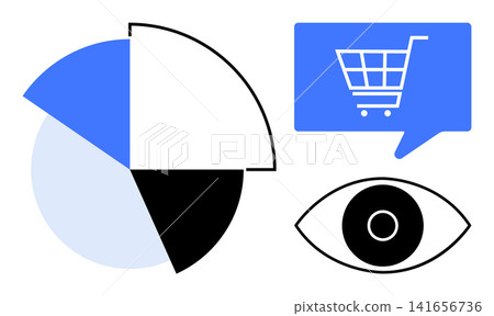 Digital marketing, e-commerce insights, data visualization, online shopping behavior, customer engagement, user analytics. Graphic of pie chart, shopping cart icon and eye symbol. Data visualization Digital marketing, e-commerce insights, data visualization, online shopping behavior, customer engagement, user analytics. Graphic of pie chart, shopping cart icon and eye symbol. Data visualization 141656736