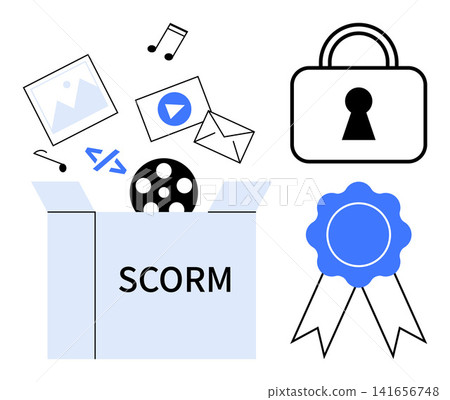 Online education, e-learning platforms, content sharing, security, certification, educational systems. SCORM package with multimedia files, lock and a badge. Online education and e-learning Online education, e-learning platforms, content sharing, security, certification, educational systems. SCORM package with multimedia files, lock and a badge. Online education and e-learning 141656748