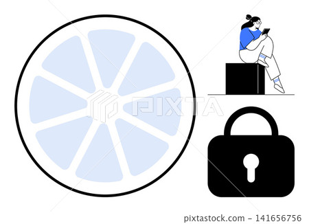 Cybersecurity, data protection, remote work, personal identity, information safety, online communication. A lock, a person using a device and a segmented circular design. Cybersecurity and data 141656756