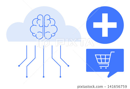 Artificial intelligence, cloud computing, e-commerce, healthcare, data solutions, innovation. Brain with cloud, plus sign shopping cart icon. Artificial intelligence and cloud computing Artificial intelligence, cloud computing, e-commerce, healthcare, data solutions, innovation. Brain with cloud, plus sign shopping cart icon. Artificial intelligence and cloud computing 141656759