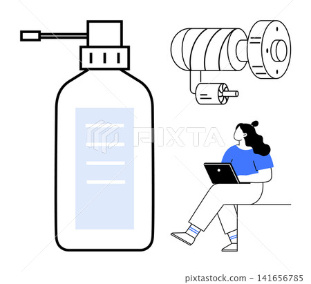 Product design, engineering, technology, daily routine, innovation, education. Bottle dispenser, gear mechanism and sitting woman with laptop. Product design and engineering concept Product design, engineering, technology, daily routine, innovation, education. Bottle dispenser, gear mechanism and sitting woman with laptop. Product design and engineering concept 141656785